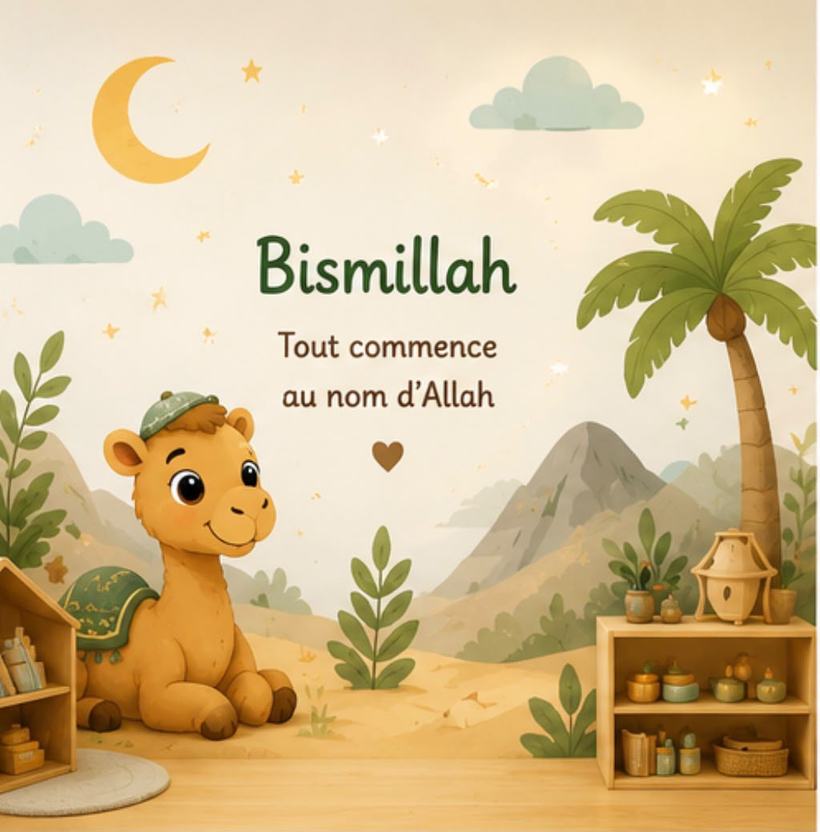 Illustration Hanana Kids : un petit chameau dans un décor tout doux — Bismillah, tout commence au nom d'Allah